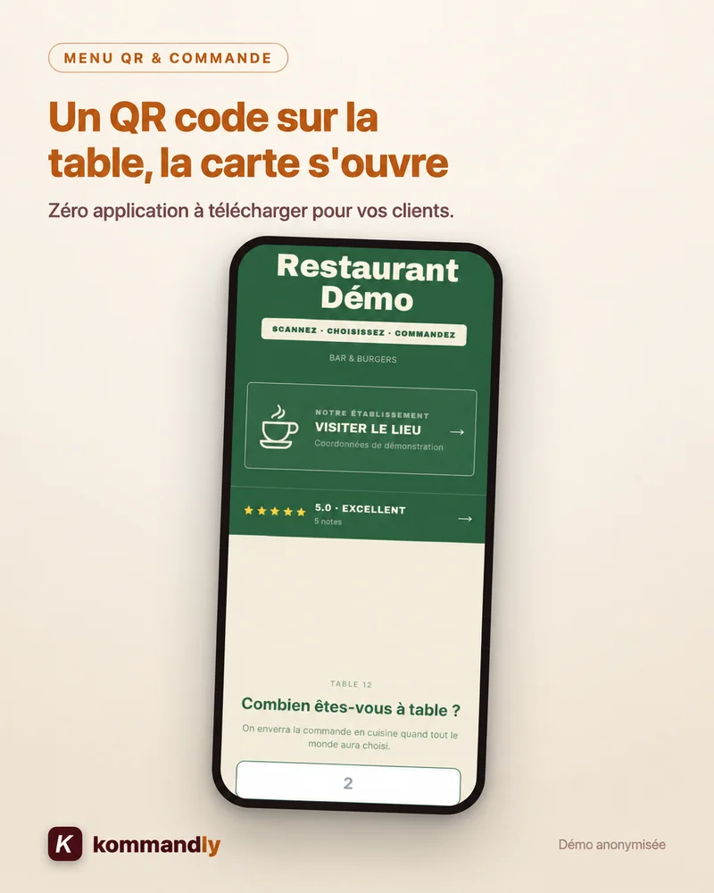 Exemple anonymisé de menu QR Kommandly sur téléphone