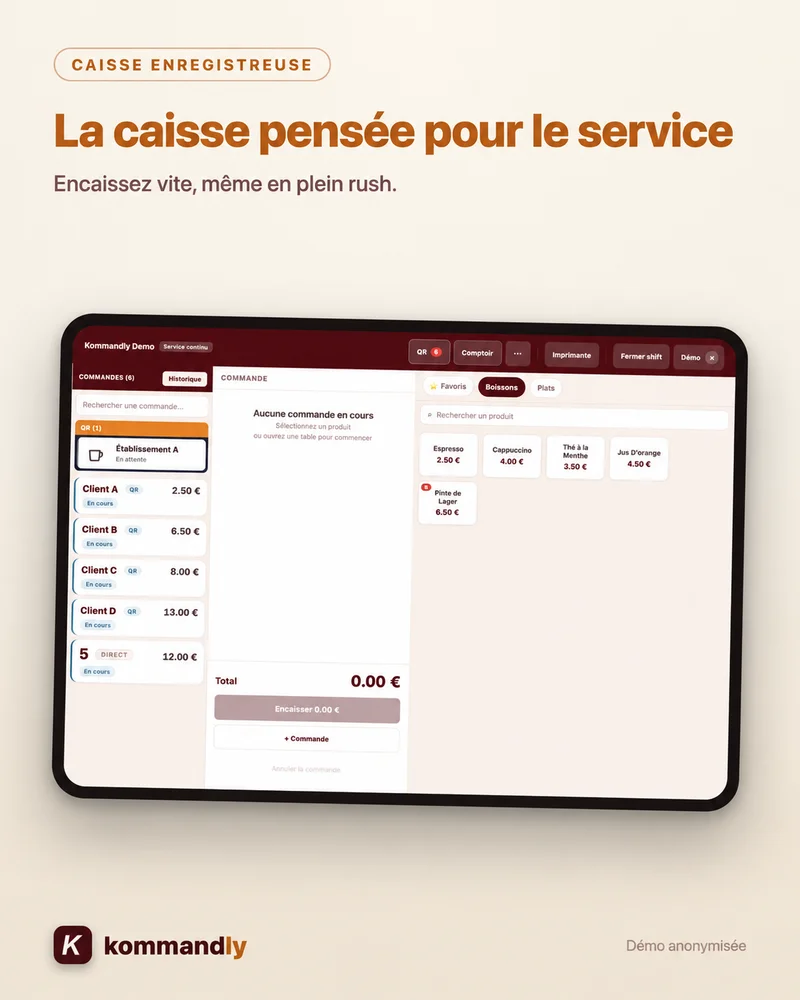 Capture anonymisée de la caisse Kommandly pour préparer les commandes et encaissements
