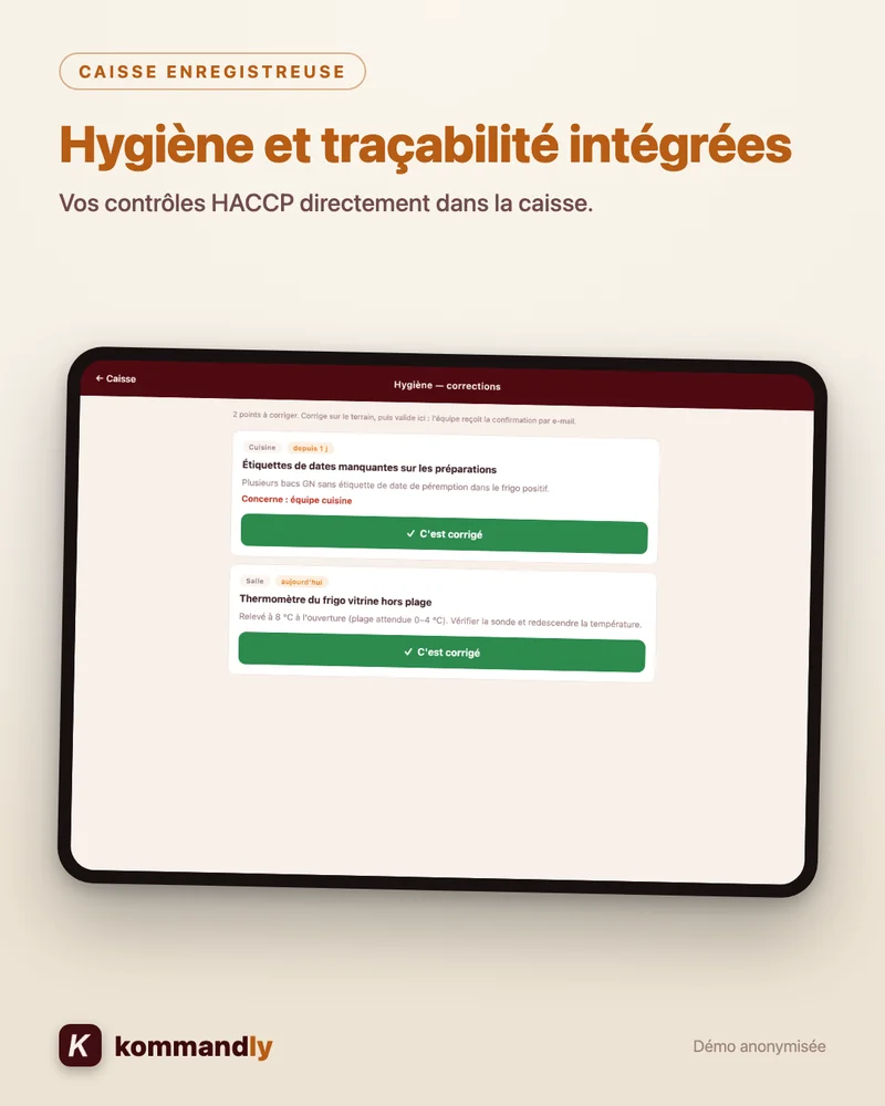 Interface de suivi des corrections d’hygiène Kommandly